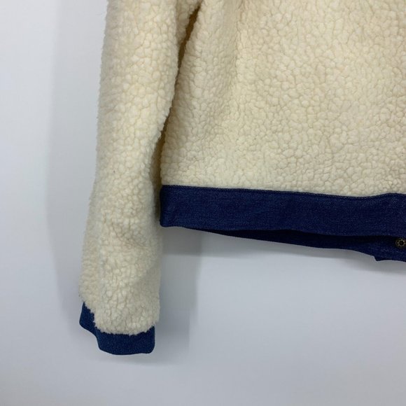 Shein Jacket Faux Shearling Button Front Beige Blue Contrast - Picture 10 of 11